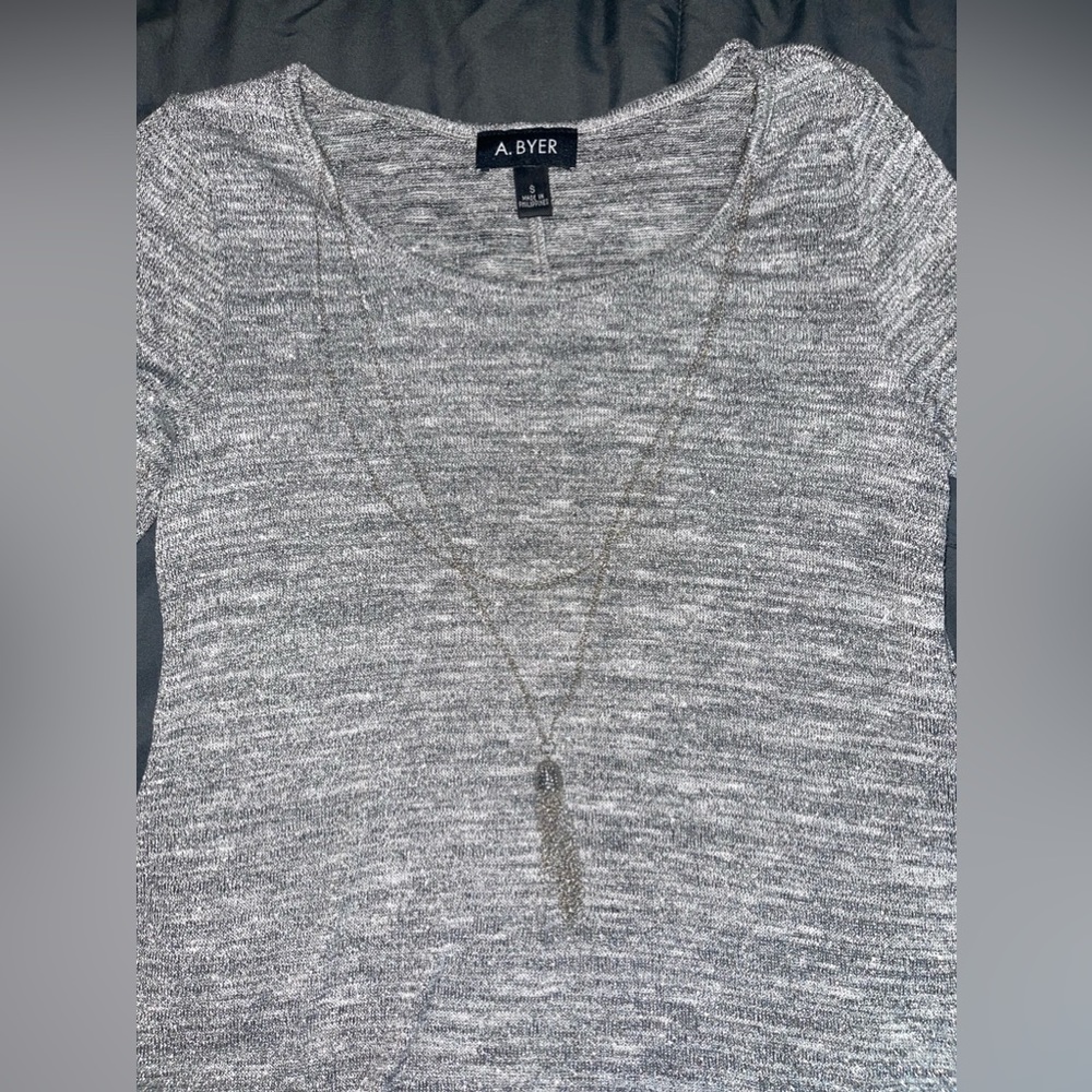 A.Byer Women’s Sparkle Silver Half-Sleeve Shirt w/necklace detail Size: Small